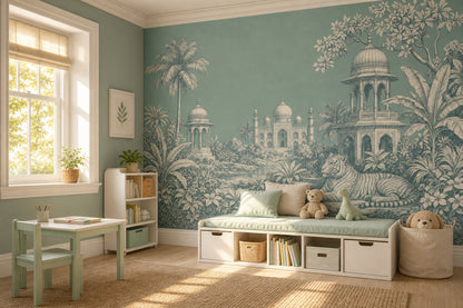 Kaplanlı Saray ve Tropik Bitkiler Poster Duvar Kağıdı Yeşil