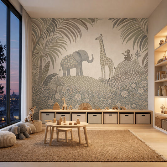Safari Hayvanlı Poster Duvar Kağıdı Pastel Çocuk Odası Desenli