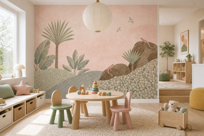 Pastel Tropikal Orman Poster Duvar Kağıdı Pembe Çocuk Odası