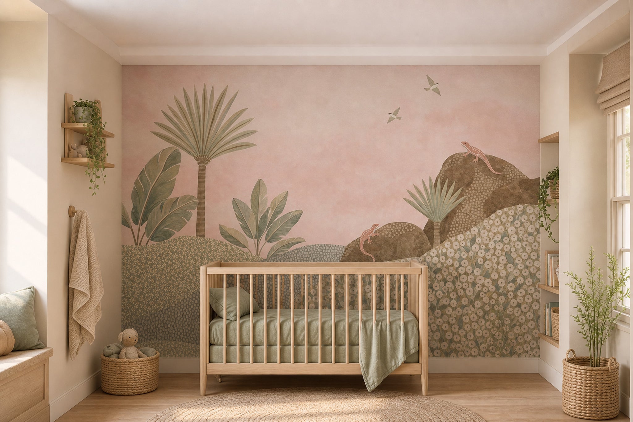 Pastel Tropikal Orman Poster Duvar Kağıdı Pembe Çocuk Odası