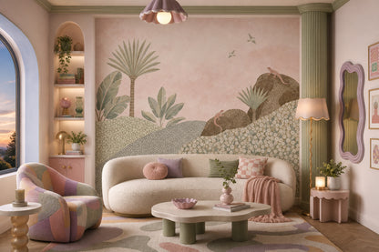 Pastel Tropikal Orman Poster Duvar Kağıdı Pembe Çocuk Odası