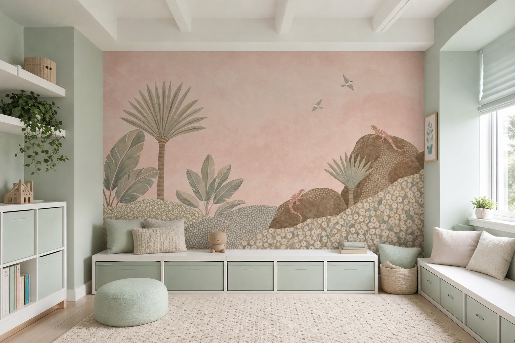 Pastel Tropikal Orman Poster Duvar Kağıdı Pembe Çocuk Odası