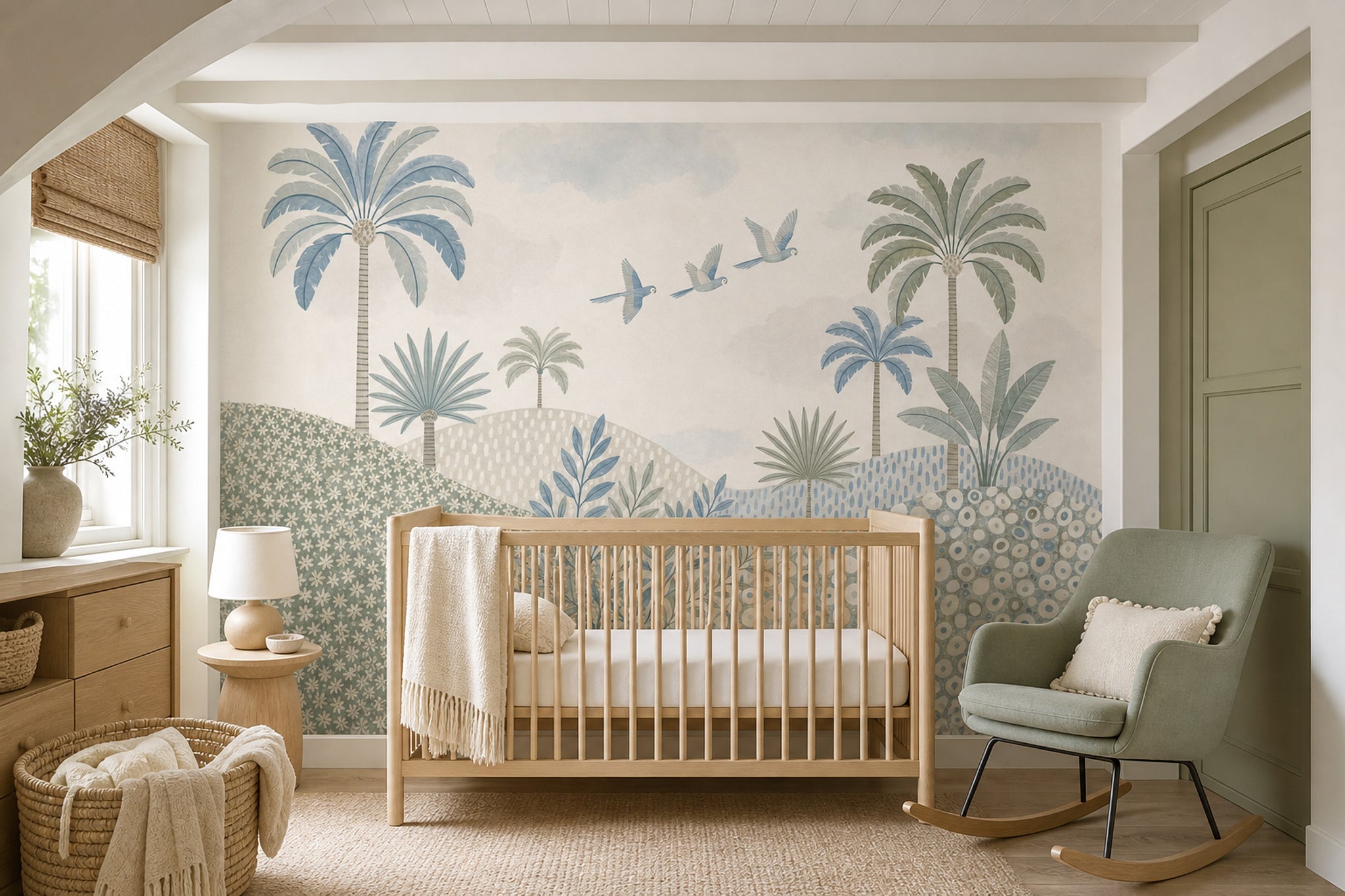 Pastel Palmiye ve Kuşlu Poster Duvar Kağıdı Çocuk Odası