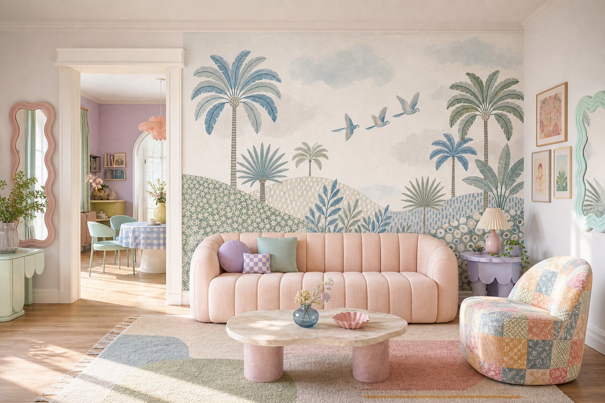 Pastel Palmiye ve Kuşlu Poster Duvar Kağıdı Çocuk Odası