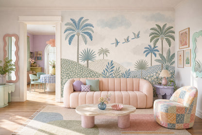 Pastel Palmiye ve Kuşlu Poster Duvar Kağıdı Çocuk Odası