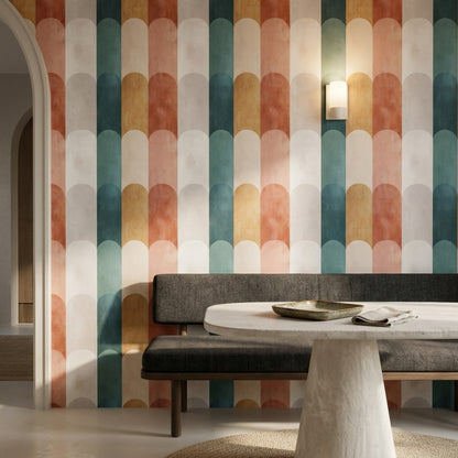 Geometrik Kemer Desenli Duvar Kağıdı Turkuaz Terracotta Modern
