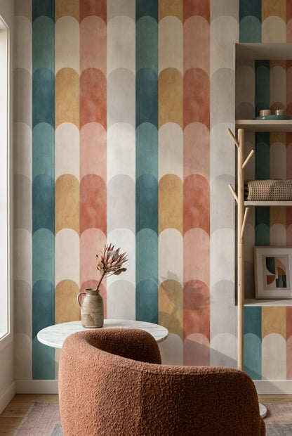 Geometrik Kemer Desenli Duvar Kağıdı Turkuaz Terracotta Modern