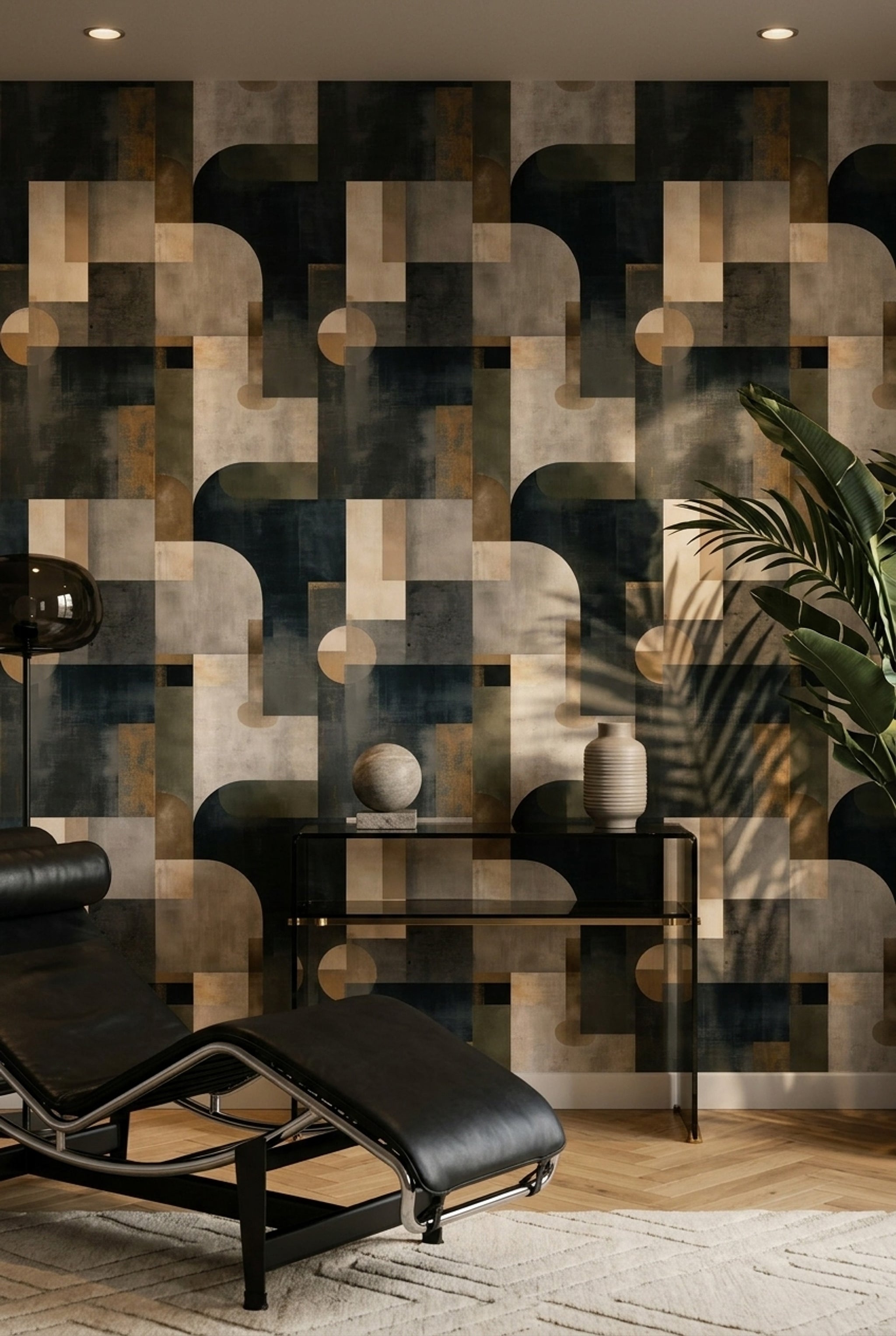 Geometrik Retro Duvar Kağıdı Lacivert Bej Desenli Salon