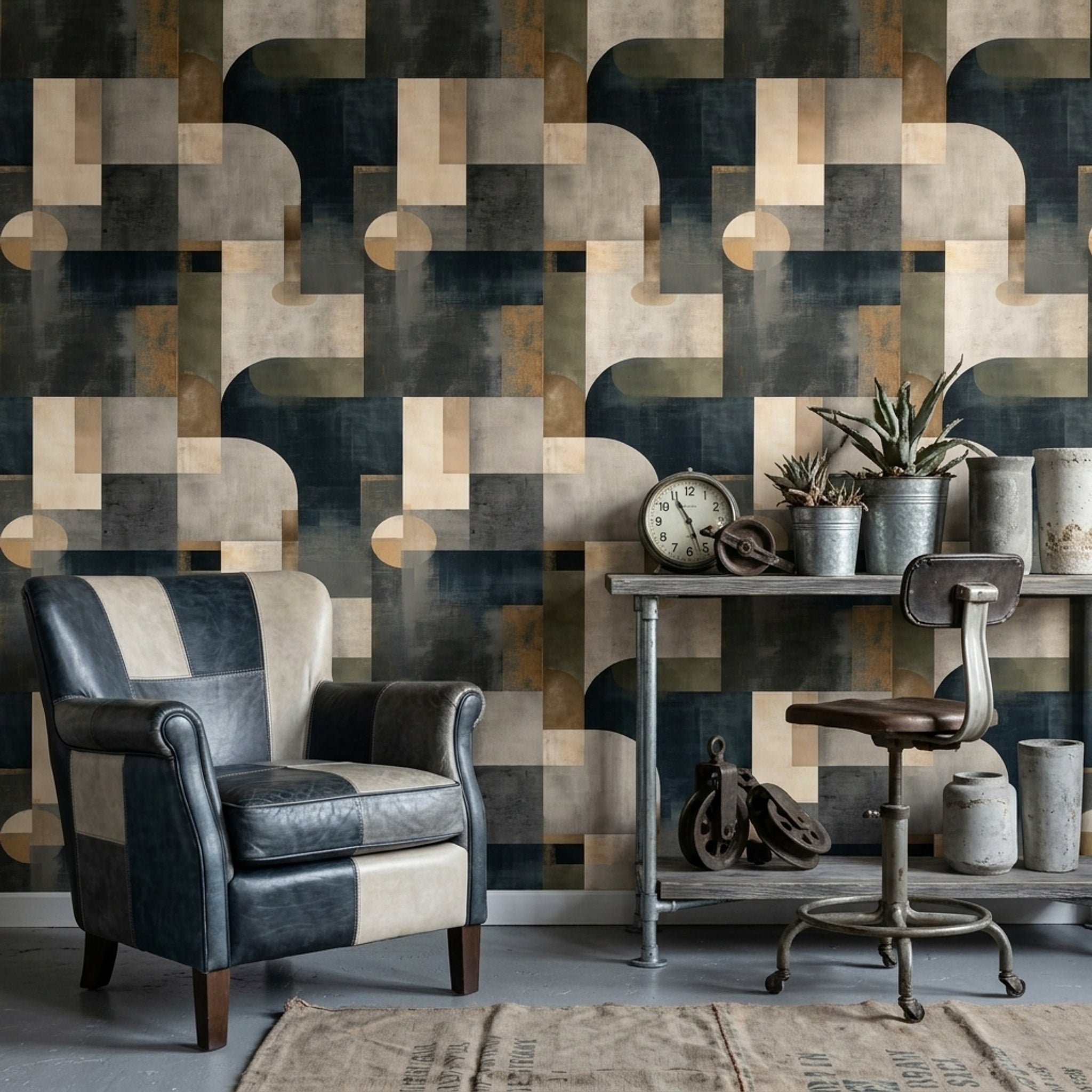 Geometrik Retro Duvar Kağıdı Lacivert Bej Desenli Salon