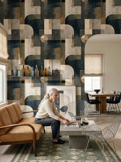Geometrik Retro Duvar Kağıdı Lacivert Bej Desenli Salon
