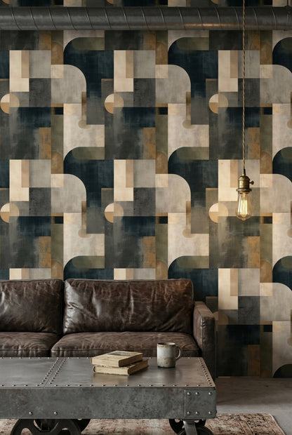 Geometrik Retro Duvar Kağıdı Lacivert Bej Desenli Salon