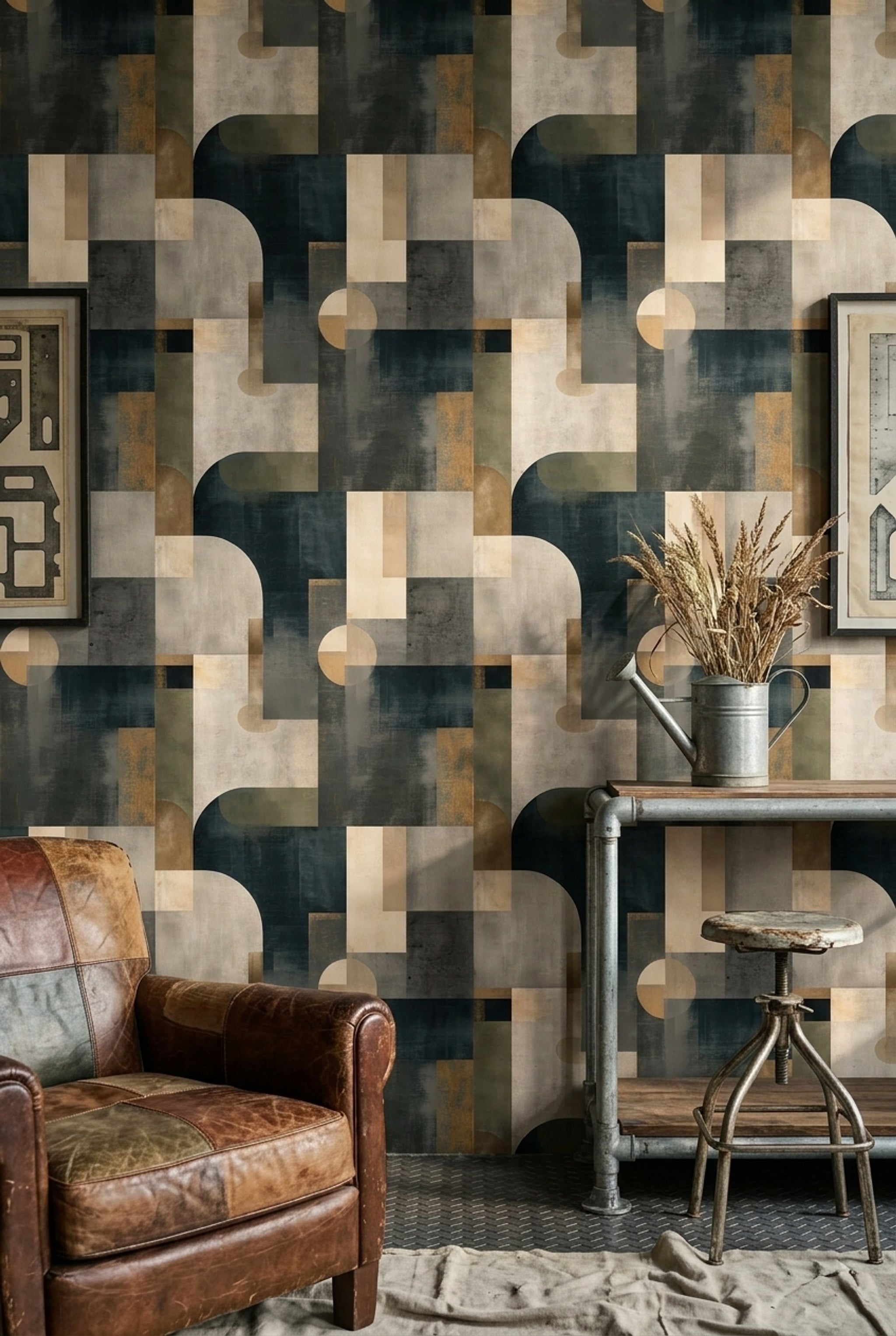 Geometrik Retro Duvar Kağıdı Lacivert Bej Desenli Salon