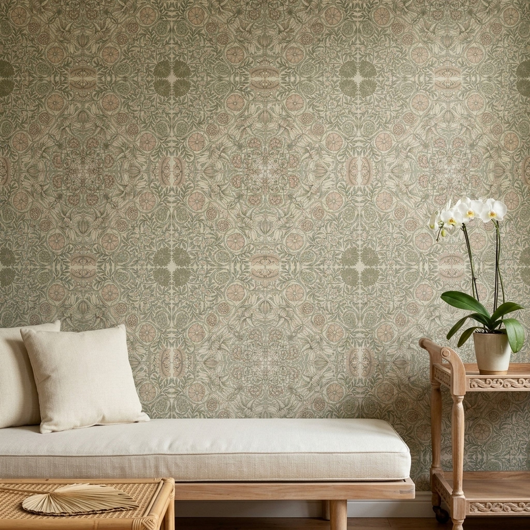 Klasik Damask Duvar Kağıdı Bej Desenli Salon Duvar Dekoru