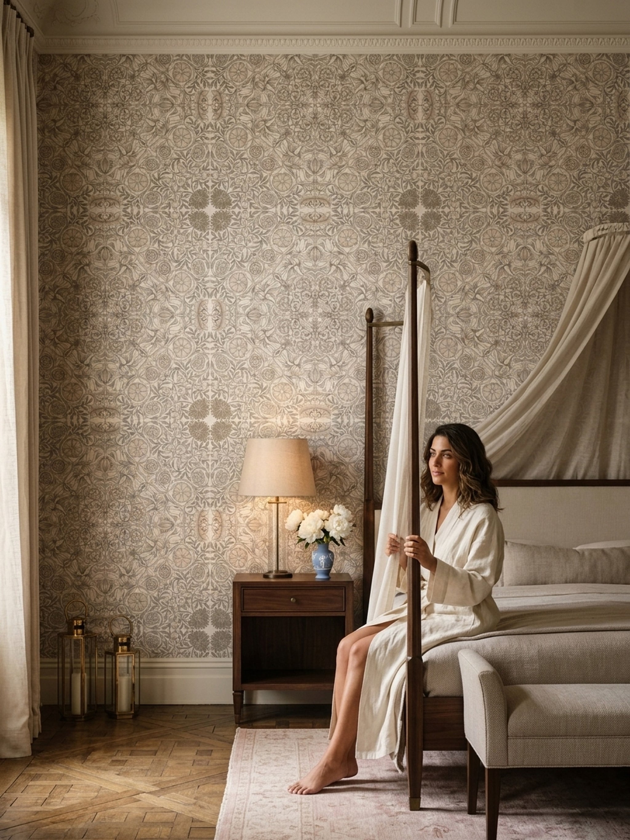Klasik Damask Duvar Kağıdı Bej Desenli Salon Duvar Dekoru