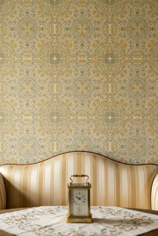 Vintage Damask Duvar Kağıdı Bej Altın Klasik Yatak Odası