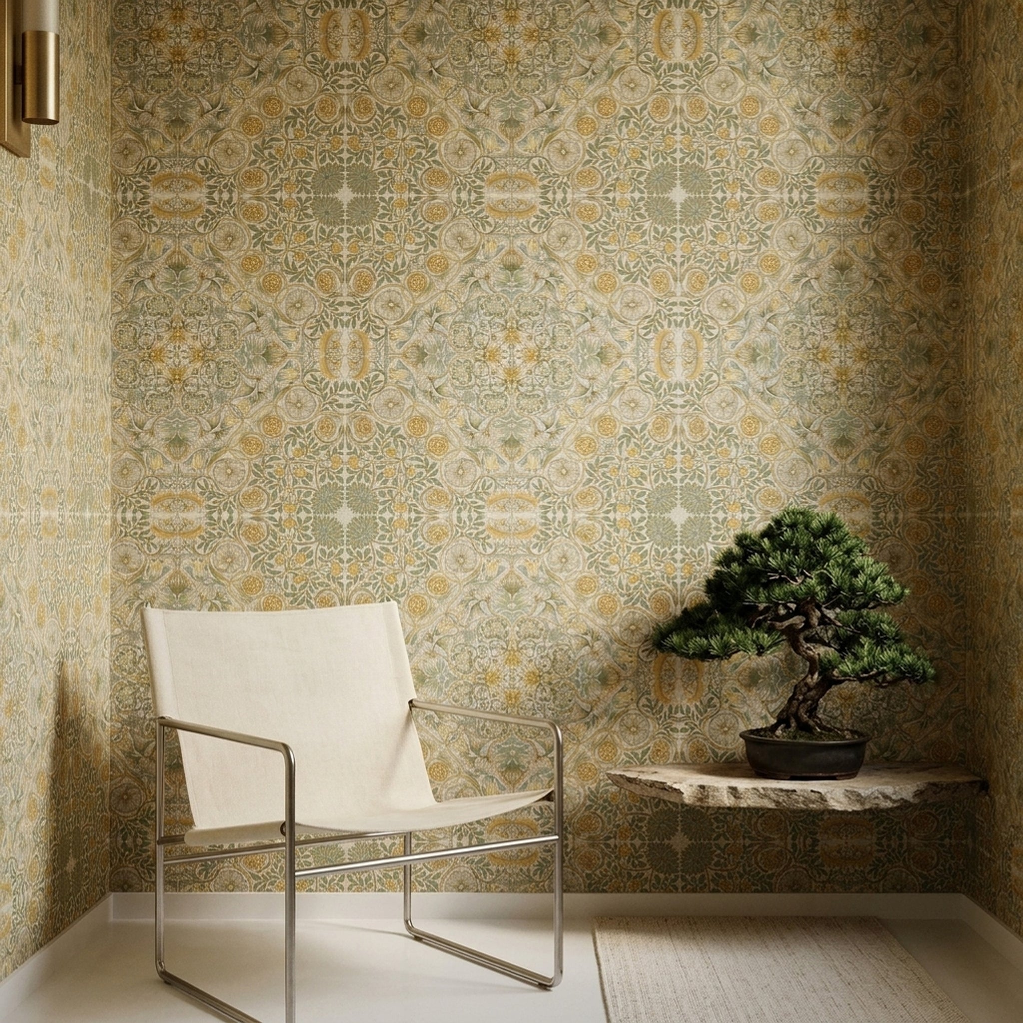 Vintage Damask Duvar Kağıdı Bej Altın Klasik Yatak Odası