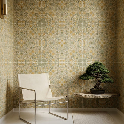 Vintage Damask Duvar Kağıdı Bej Altın Klasik Yatak Odası