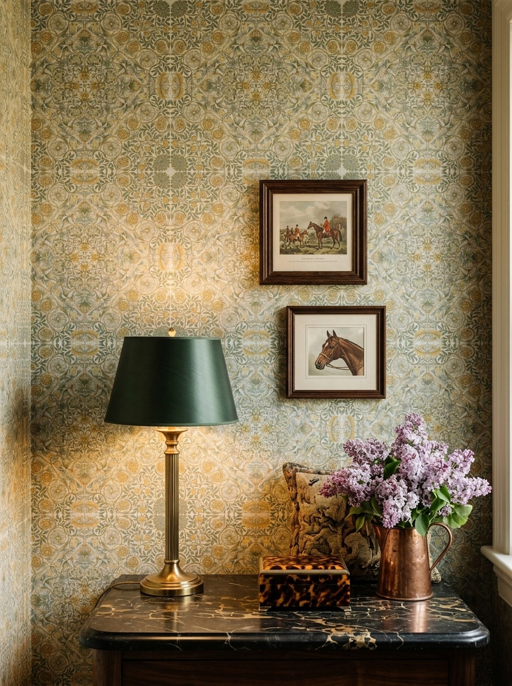 Vintage Damask Duvar Kağıdı Bej Altın Klasik Yatak Odası