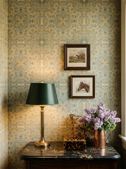 Vintage Damask Duvar Kağıdı Bej Altın Klasik Yatak Odası