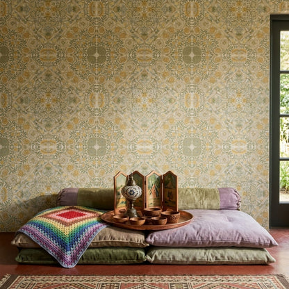Vintage Damask Duvar Kağıdı Bej Altın Klasik Yatak Odası