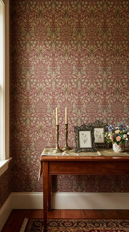 Klasik Çiçekli Duvar Kağıdı Bordo Yeşil Vintage Salon