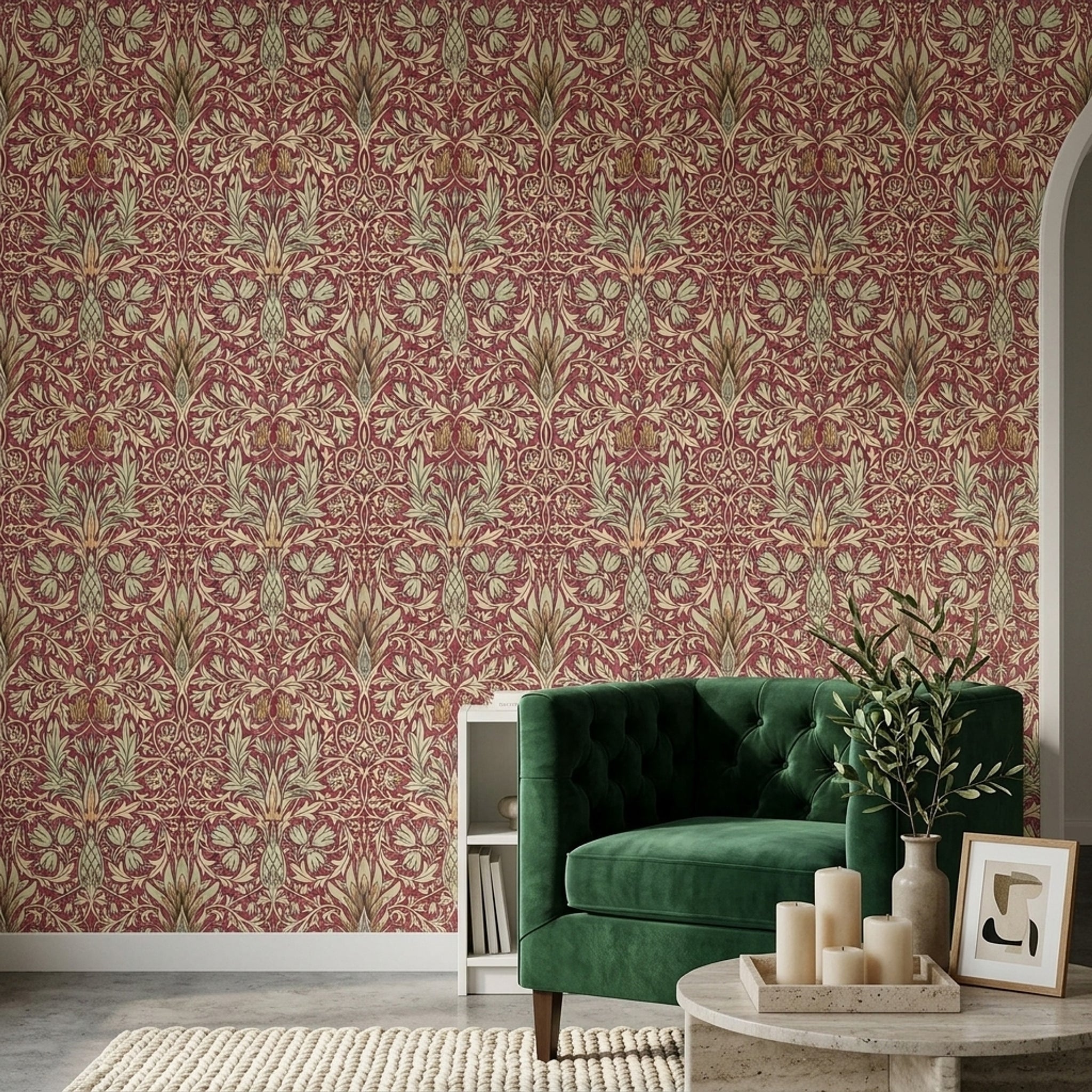 Klasik Çiçekli Duvar Kağıdı Bordo Yeşil Vintage Salon