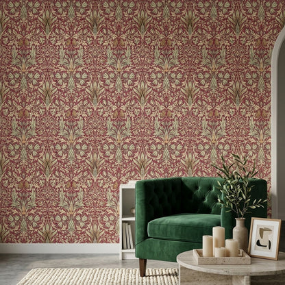 Klasik Çiçekli Duvar Kağıdı Bordo Yeşil Vintage Salon