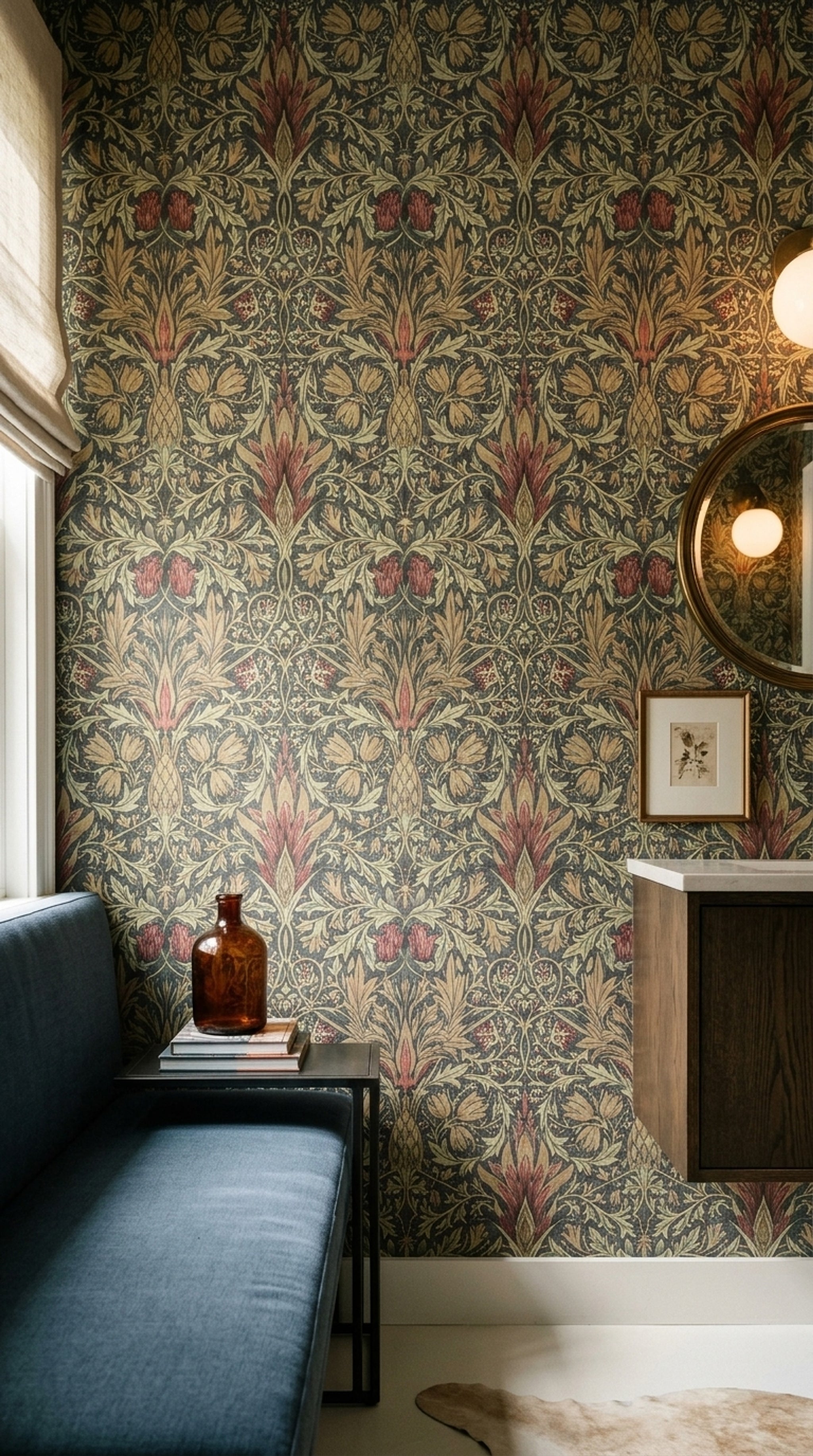 Vintage Çiçek Desenli Duvar Kağıdı Koyu Yeşil Salon Dekoru