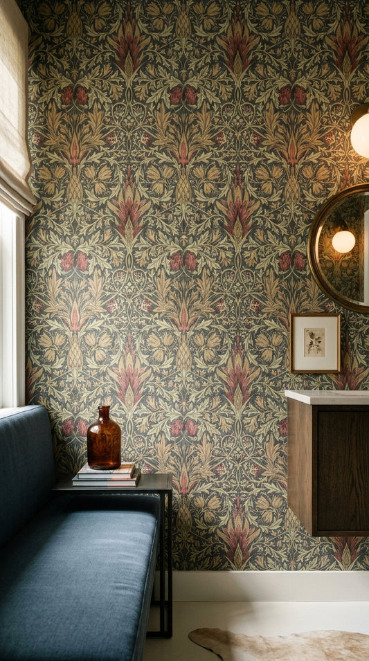 Vintage Çiçek Desenli Duvar Kağıdı Koyu Yeşil Salon Dekoru