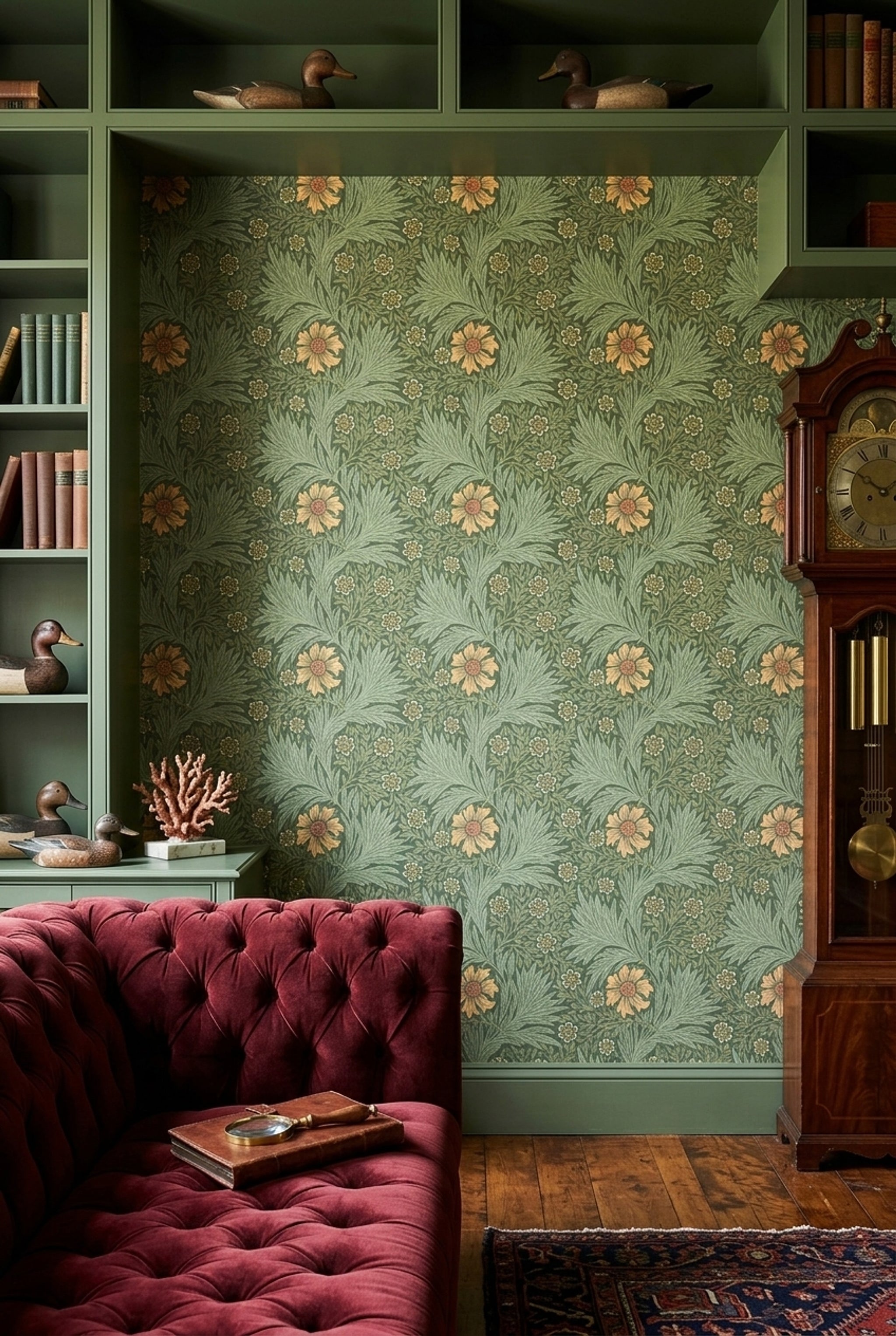 Vintage Çiçekli Duvar Kağıdı Yeşil Yaprak Desenli Salon