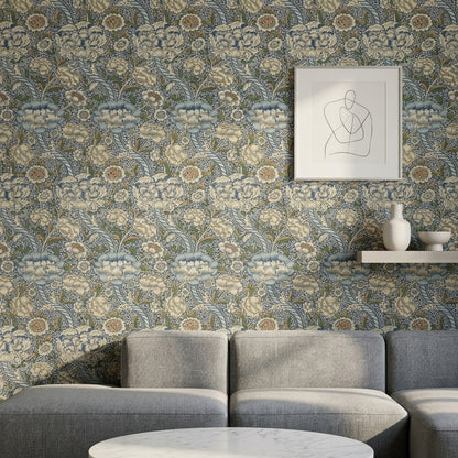 Klasik Çiçek Desenli Duvar Kağıdı Mavi Salon Duvar Dekoru