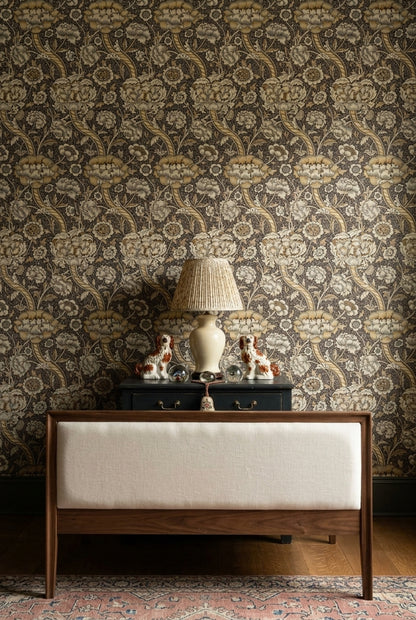 Vintage Çiçek Desenli Duvar Kağıdı Bej Kahverengi Salon