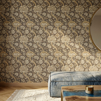 Vintage Çiçek Desenli Duvar Kağıdı Bej Kahverengi Salon