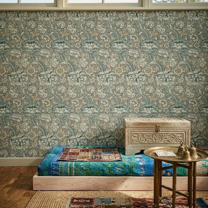 Art Nouveau Çiçek Desenli Duvar Kağıdı Yeşil Krem Salon