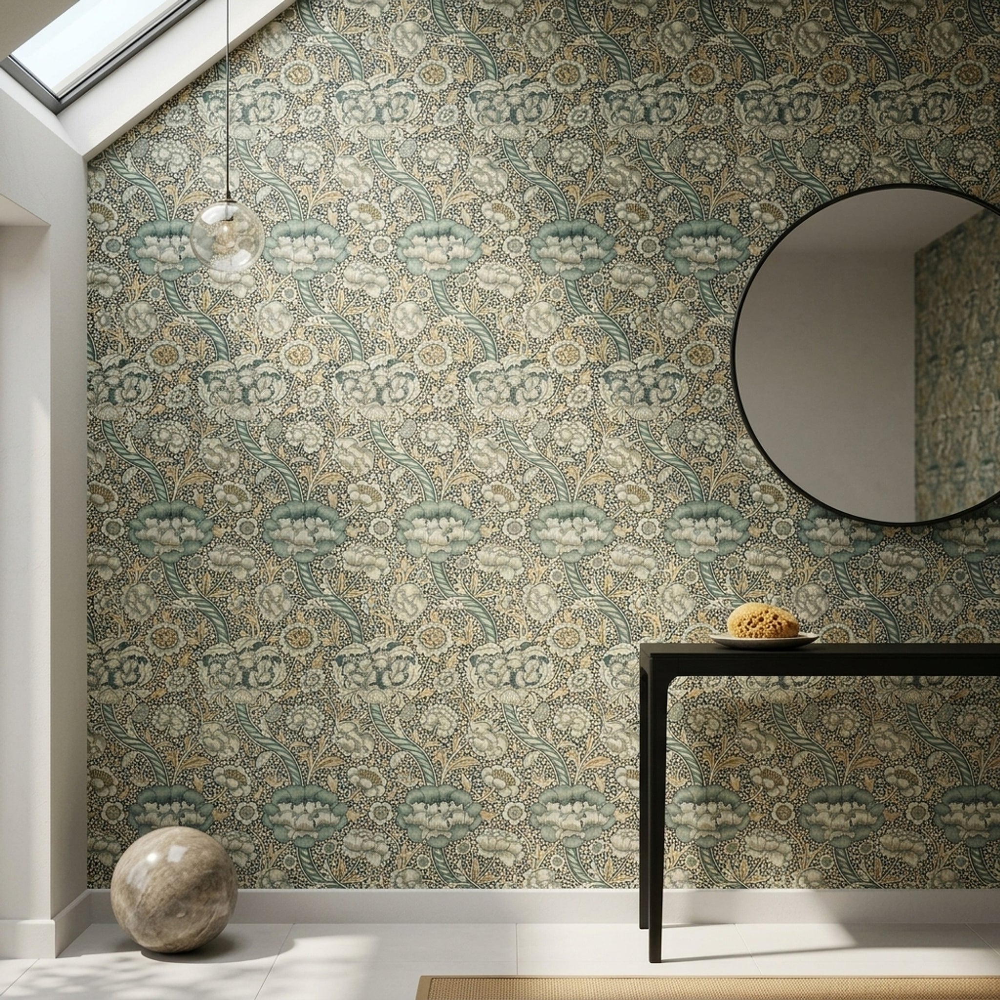 Art Nouveau Çiçek Desenli Duvar Kağıdı Yeşil Krem Salon