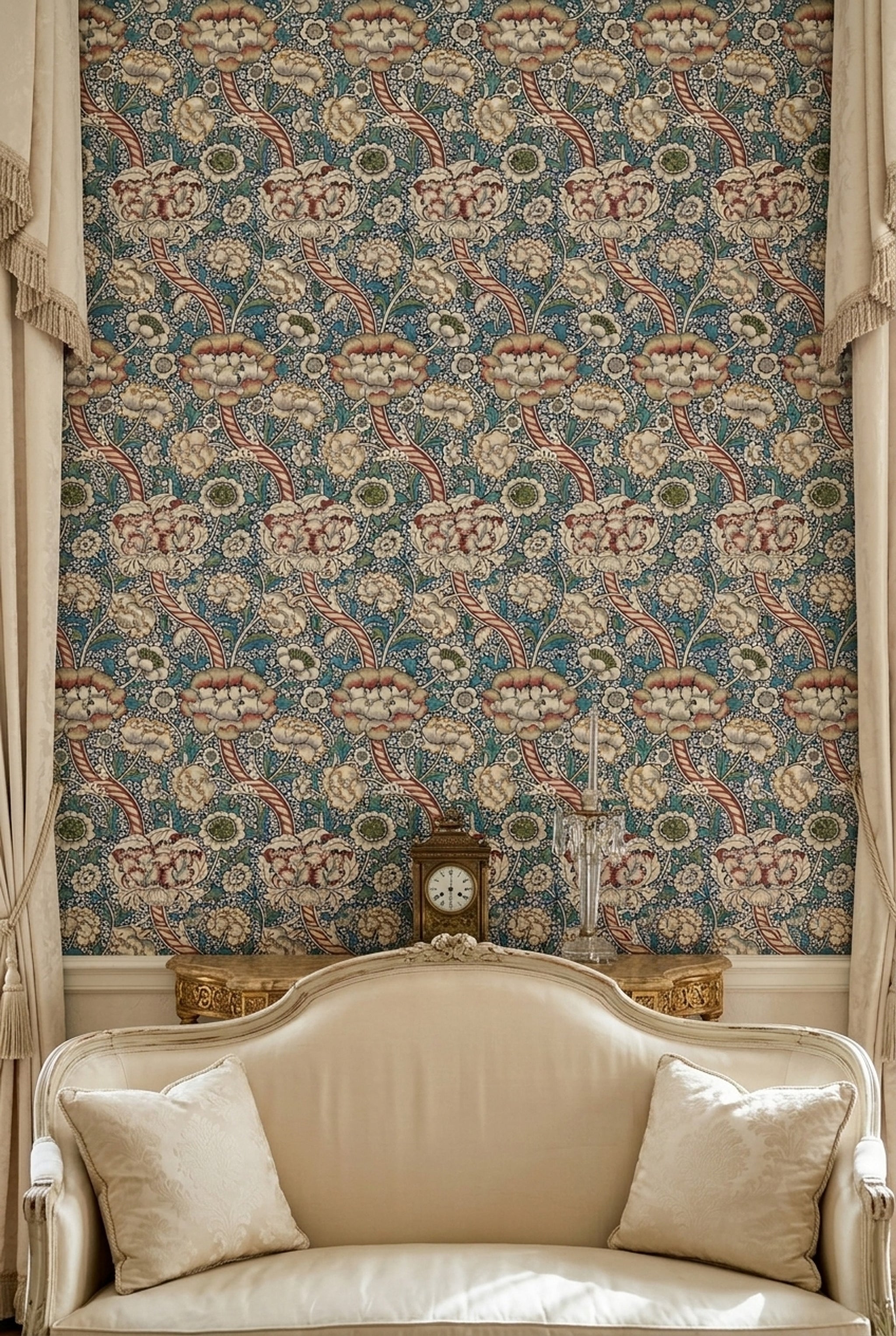 Vintage Çiçek Desenli Duvar Kağıdı Mavi Salon