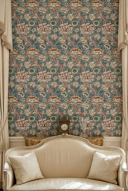 Vintage Çiçek Desenli Duvar Kağıdı Mavi Salon