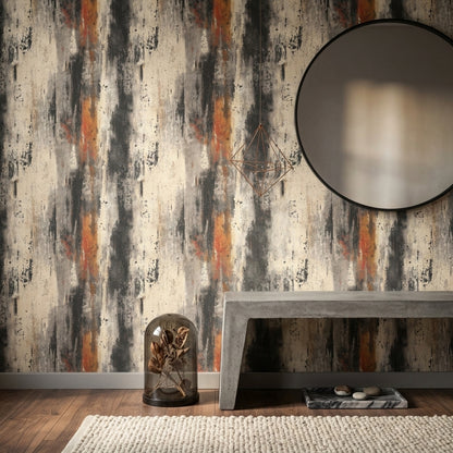 Soyut Fırça İzli Duvar Kağıdı Bej Siyah Salon Duvarı