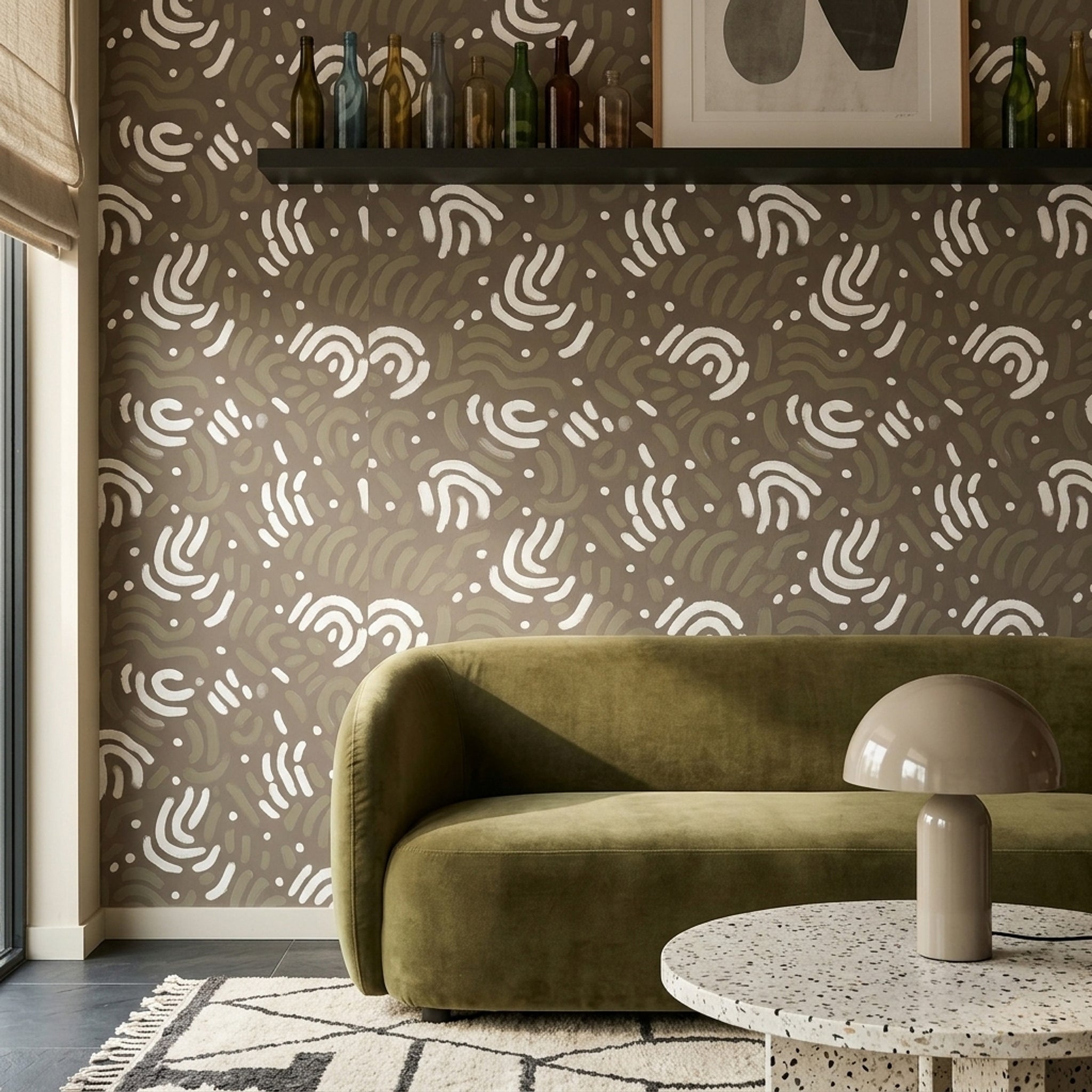 Soyut Desenli Duvar Kağıdı Kahverengi Beyaz Modern Salon