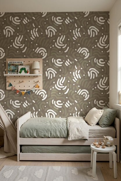 Soyut Desenli Duvar Kağıdı Kahverengi Beyaz Modern Salon