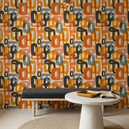 Retro Geometrik Duvar Kağıdı Turuncu Hardal Desenli Salon