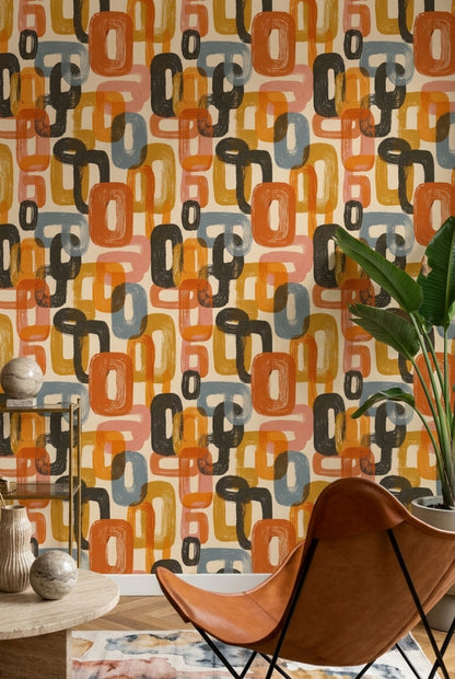 Retro Geometrik Duvar Kağıdı Turuncu Hardal Desenli Salon