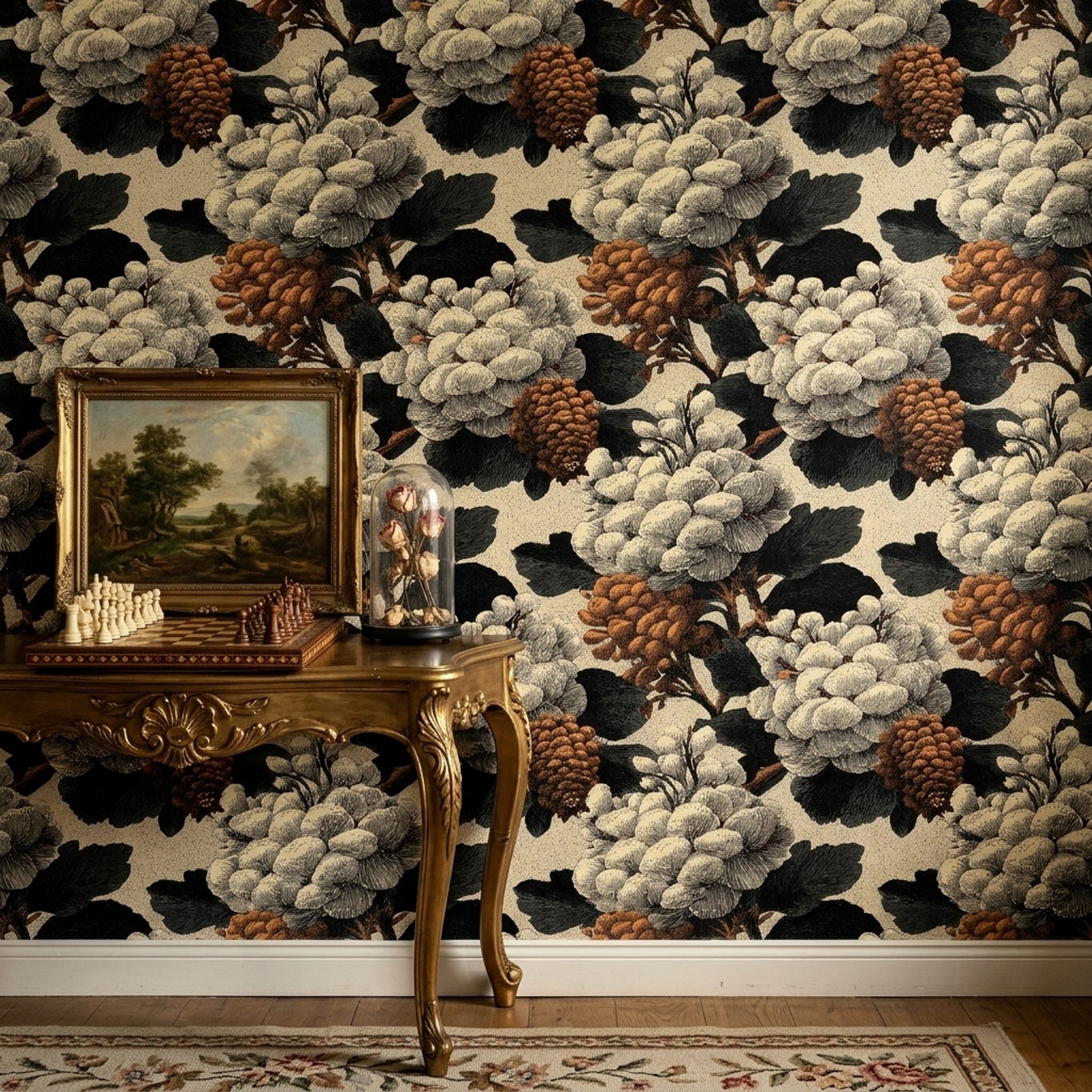 Vintage Çiçek Desenli Duvar Kağıdı Siyah Bej Salon