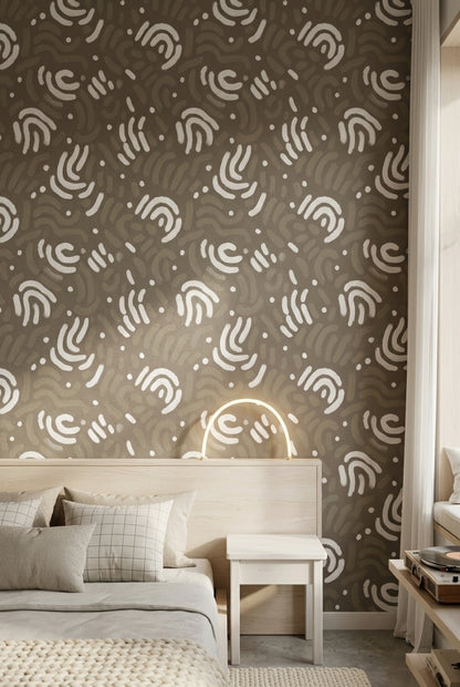 Soyut Desenli Duvar Kağıdı Kahverengi Beyaz Modern Salon