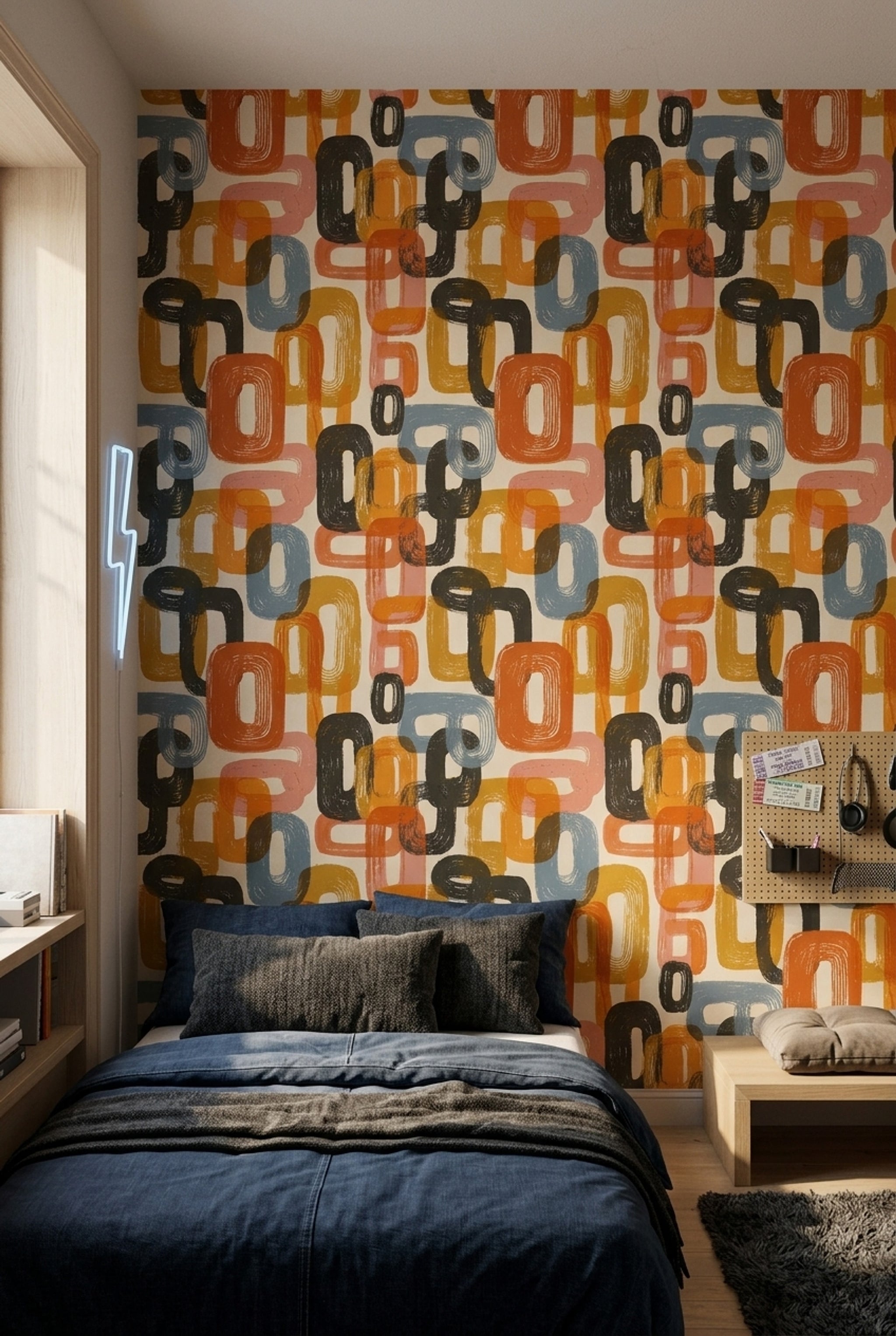 Retro Geometrik Duvar Kağıdı Turuncu Hardal Desenli Salon