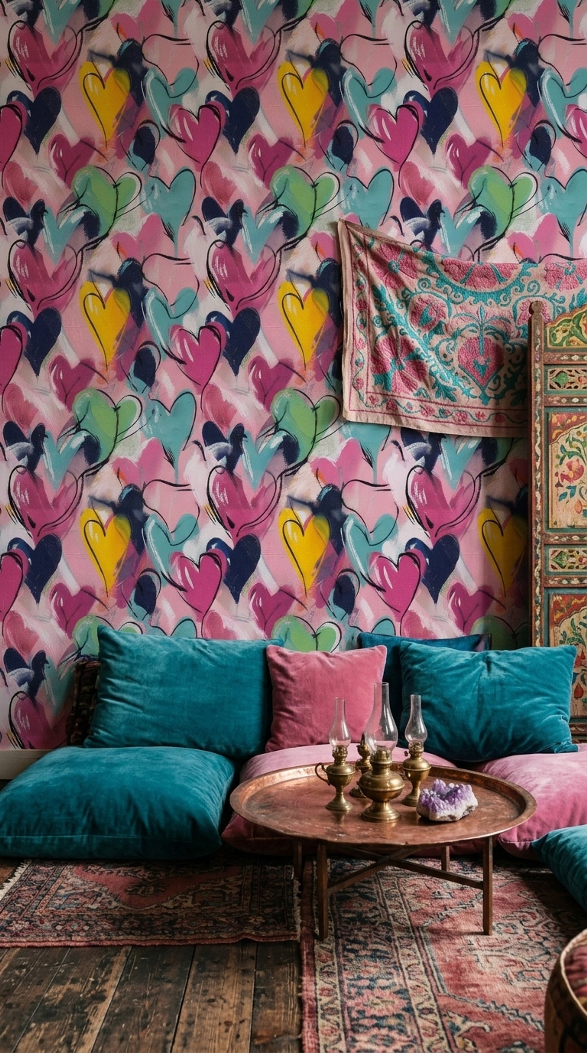 Renkli Kalp Desenli Duvar Kağıdı Modern Salon Dekoru