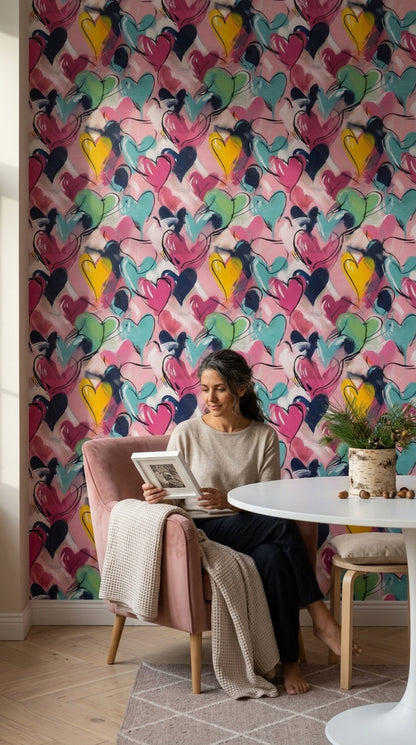 Renkli Kalp Desenli Duvar Kağıdı Modern Salon Dekoru