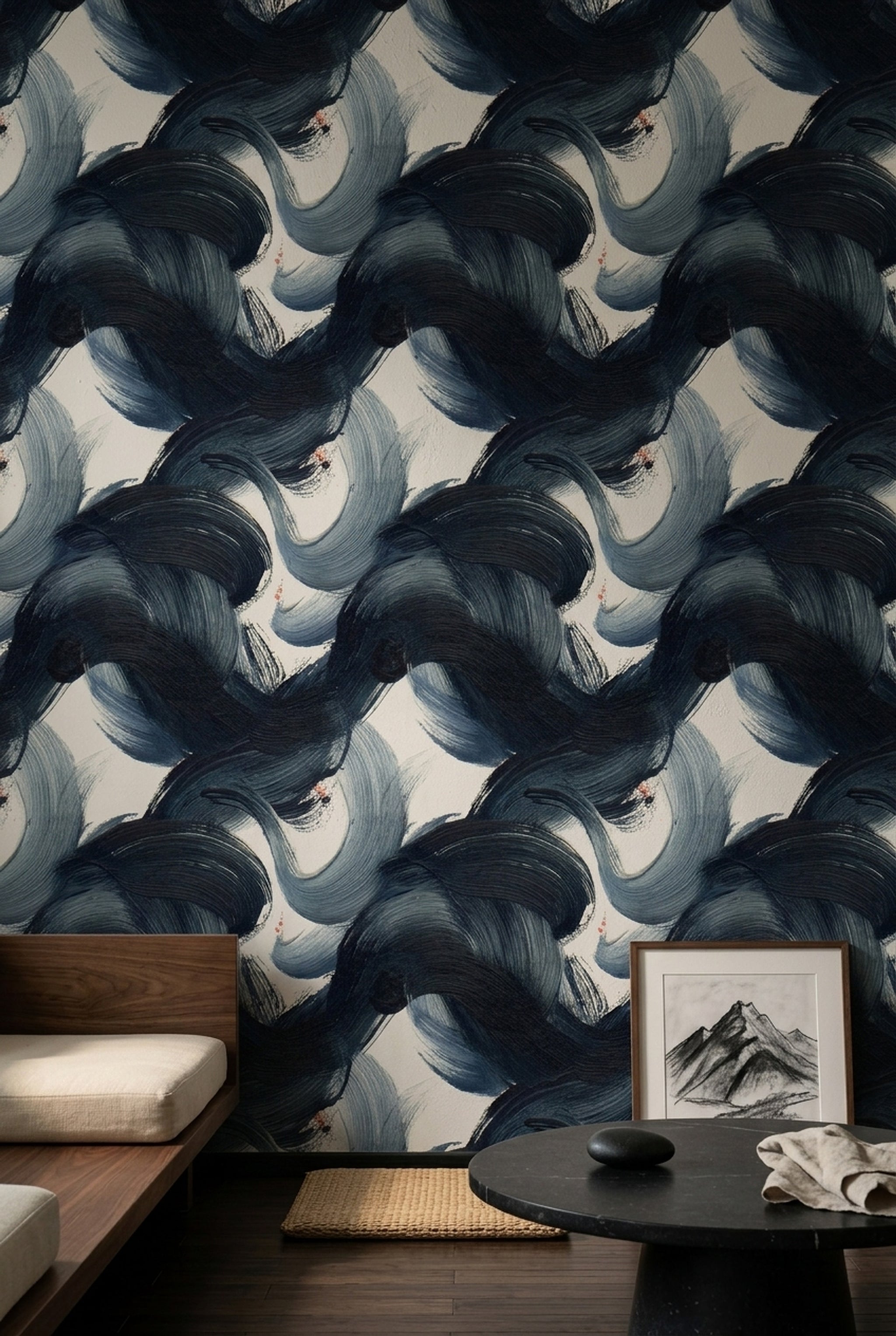 Lacivert Fırça Darbeli Soyut Duvar Kağıdı Modern Salon