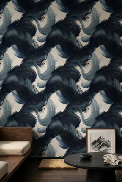 Lacivert Fırça Darbeli Soyut Duvar Kağıdı Modern Salon