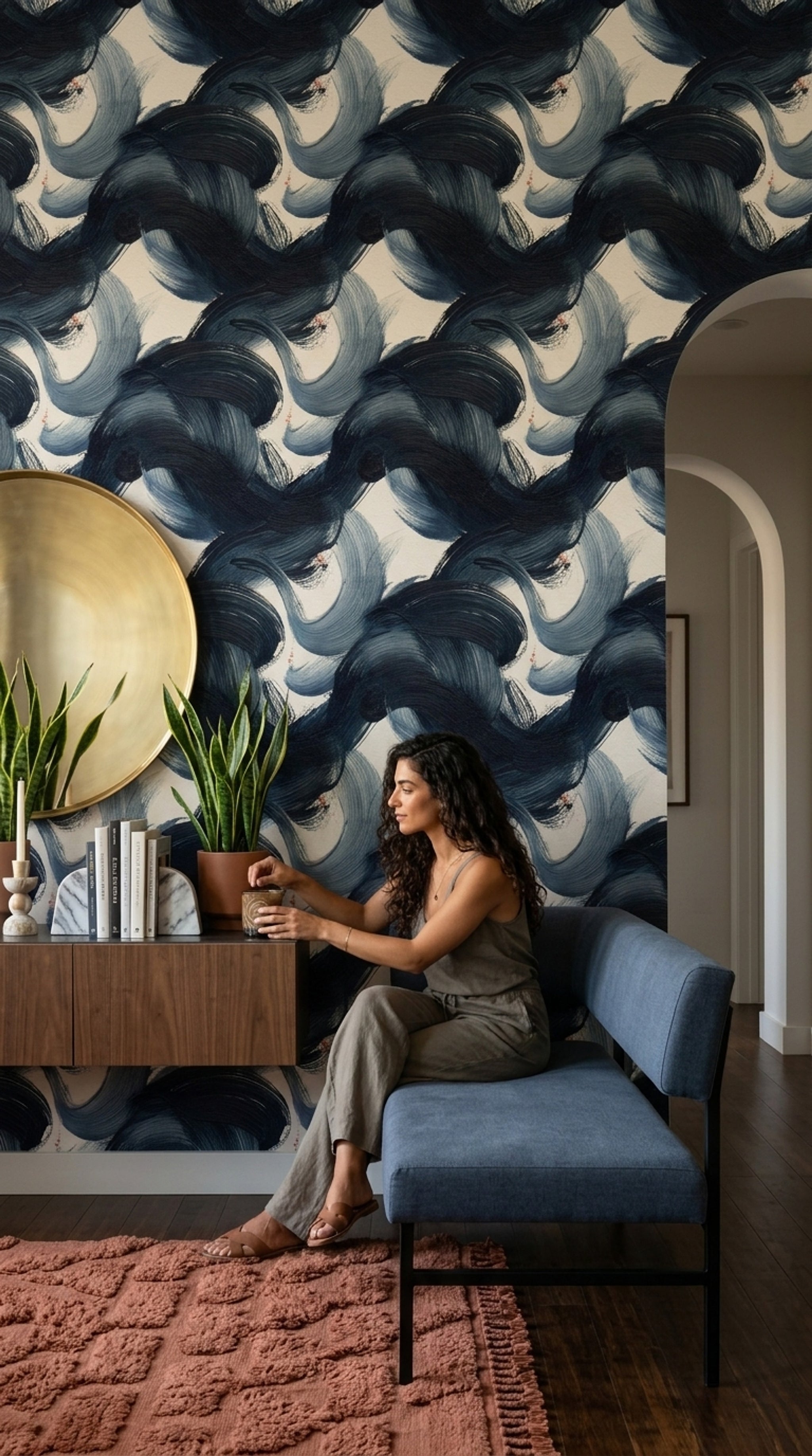 Lacivert Fırça Darbeli Soyut Duvar Kağıdı Modern Salon